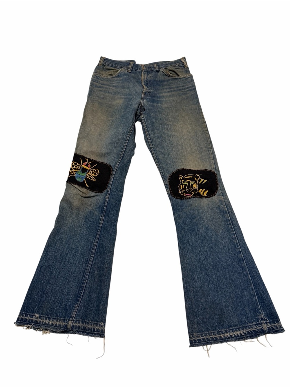 Levi's big E Blue Flare Jeans with Embroidered Knee Patches, pre-owned